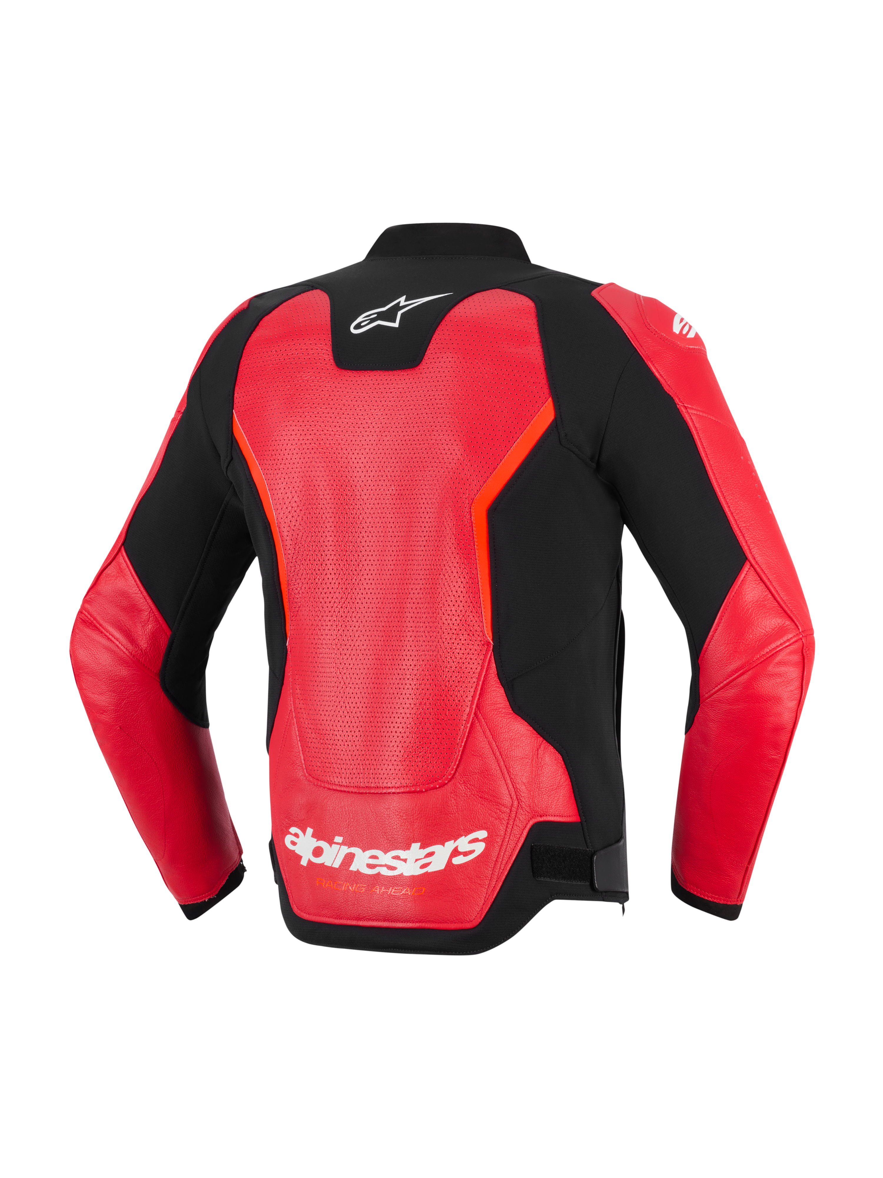 Alpinestars GP Force V2 Air læderjakke, set bagfra, rød og sort, med et stort perforeret læderpanel til ventilation, hvidt Alpinestars-logo på nakken og nederst på ryggen, strømlinet sportsdesign til motorcykelkørsel på vej