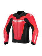 Alpinestars GP Force V2 Air læderjakke, rød og rød fluo med sorte detaljer, perforeret læder for ventilation, hvidt Alpinestars-logo på brystet, sportspasform motorcykel-racerudstyr