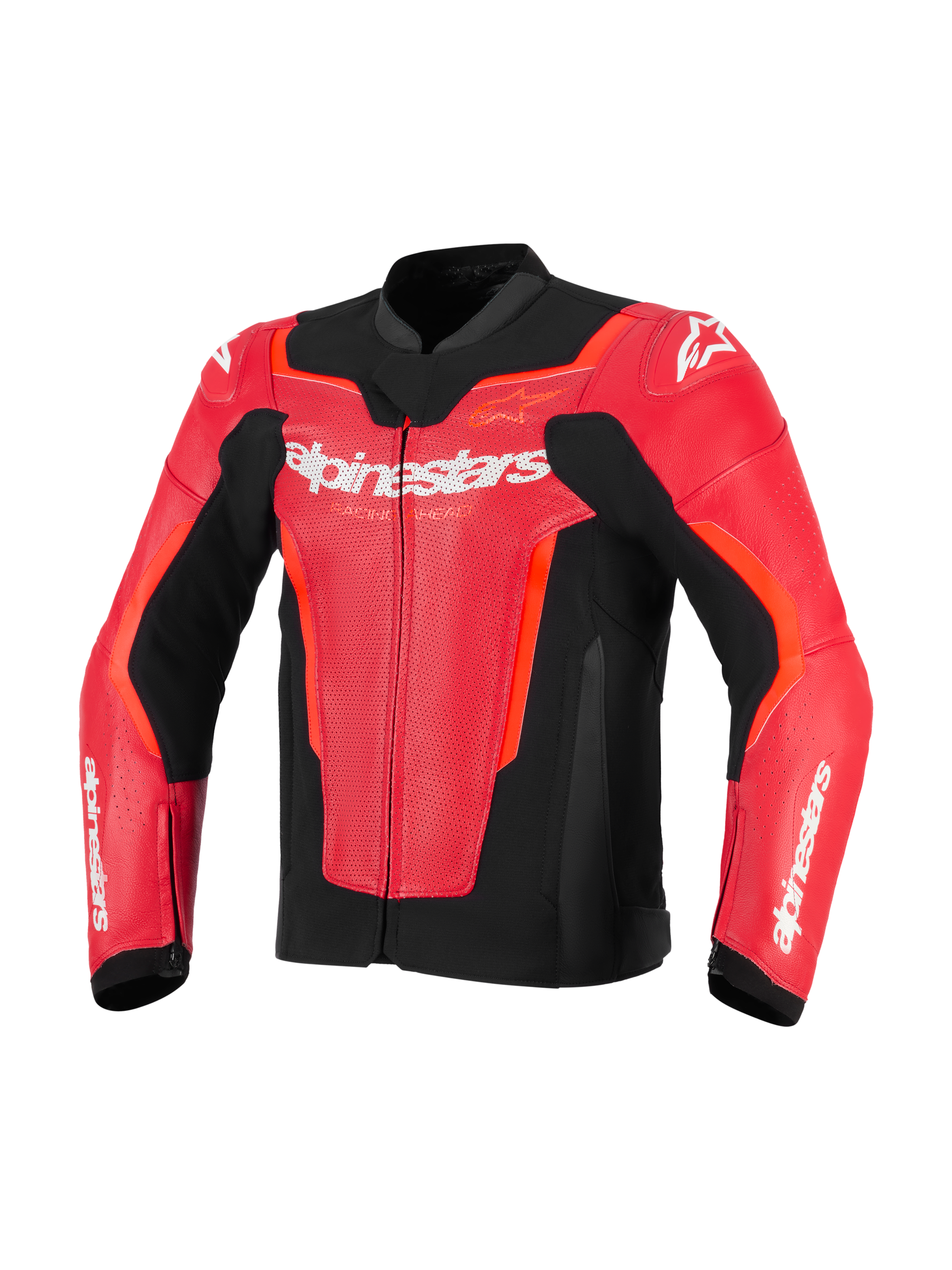 Alpinestars GP Force V2 Air læderjakke, rød og rød fluo med sorte detaljer, perforeret læder for ventilation, hvidt Alpinestars-logo på brystet, sportspasform motorcykel-racerudstyr