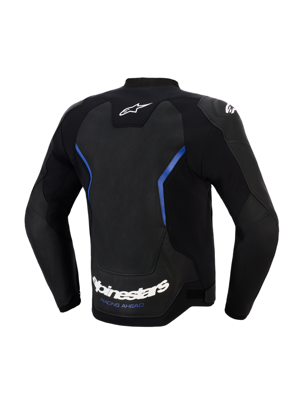 Alpinestars GP Force V2 Airflow læderjakke, set bagfra, sort og metallisk blå, stort perforeret læderrygpanel til ventilation, hvidt Alpinestars-navnetræk og 'RACING AHEAD'-slogan ved den nederste kant, professionelt sportsudstyr til kørsel