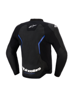 Alpinestars GP Force V2 Airflow læderjakke, set bagfra, sort og metallisk blå, stort perforeret læderrygpanel til ventilation, hvidt Alpinestars-navnetræk og 'RACING AHEAD'-slogan ved den nederste kant, professionelt sportsudstyr til kørsel