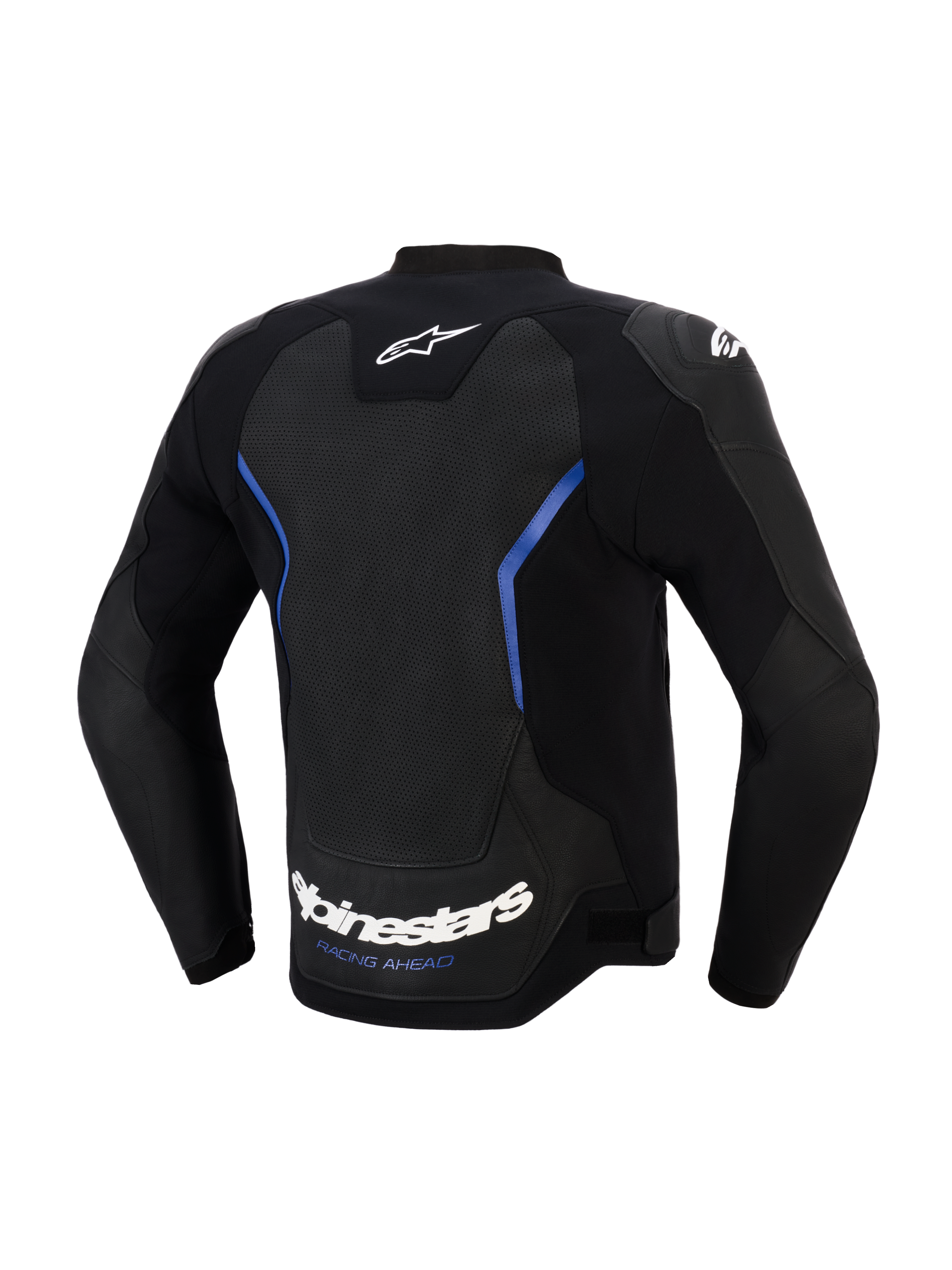 Alpinestars GP Force V2 Airflow læderjakke, set bagfra, sort og metallisk blå, stort perforeret læderrygpanel til ventilation, hvidt Alpinestars-navnetræk og 'RACING AHEAD'-slogan ved den nederste kant, professionelt sportsudstyr til kørsel