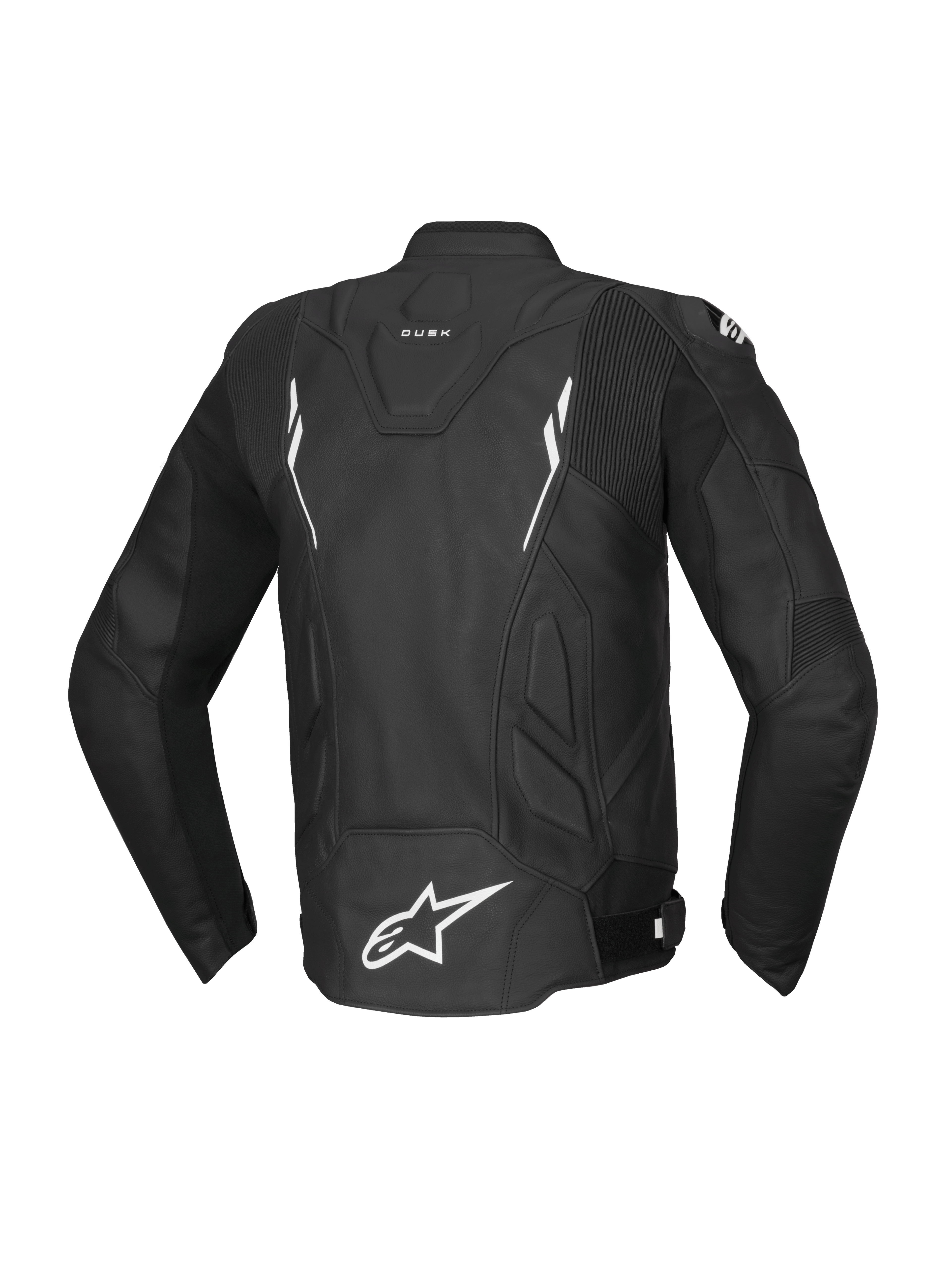 Alpinestars Dusk Leather Jacket, black and white bovine leather motorcycle racing jacket for men, rear view, Tech-Air Ready.