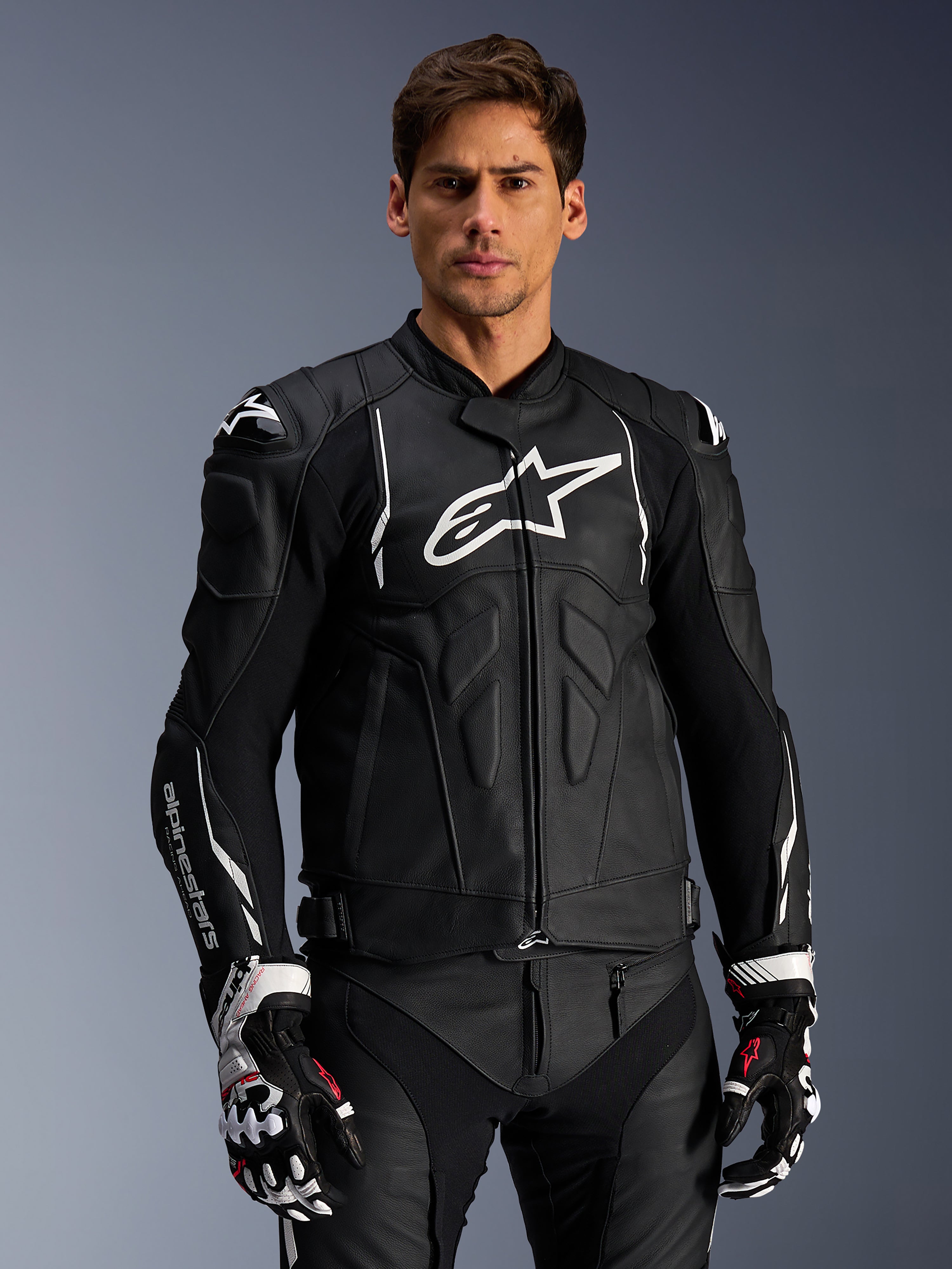 Alpinestars Dusk Leather Jacket, Black and White, Men's bovine leather motorcycle racing jacket, Tech-Air Ready.