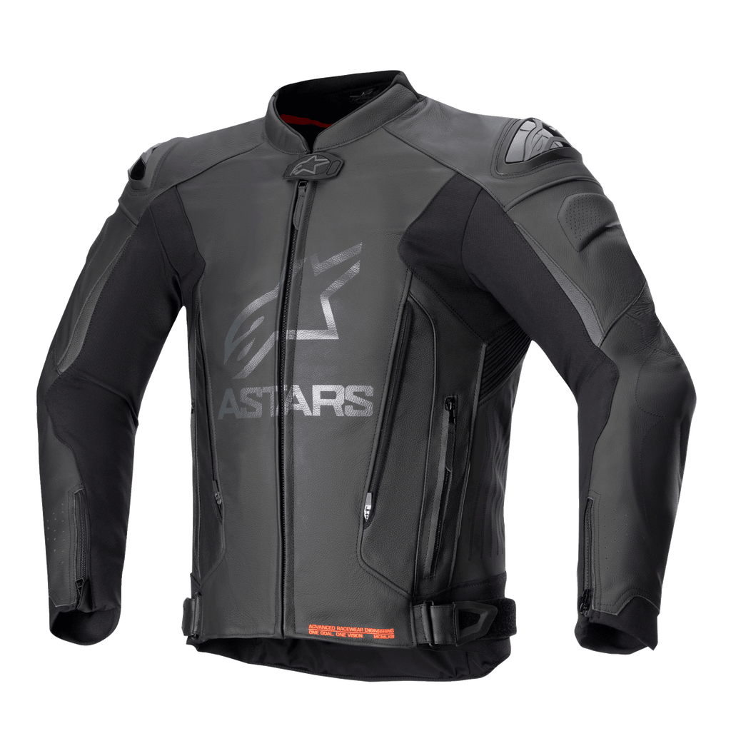 Alpinestars GP Plus V4 Leather Jacket, Black motorcycle racing jacket with silver ASTARS branding on the chest, front zipper, external DFS shoulder sliders, abdomen ventilation zippers, adjustable waist straps, red interior collar accents, premium leather and technical stretch construction