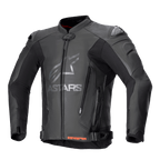 Alpinestars GP Plus V4 Leather Jacket, Black motorcycle racing jacket with silver ASTARS branding on the chest, front zipper, external DFS shoulder sliders, abdomen ventilation zippers, adjustable waist straps, red interior collar accents, premium leather and technical stretch construction