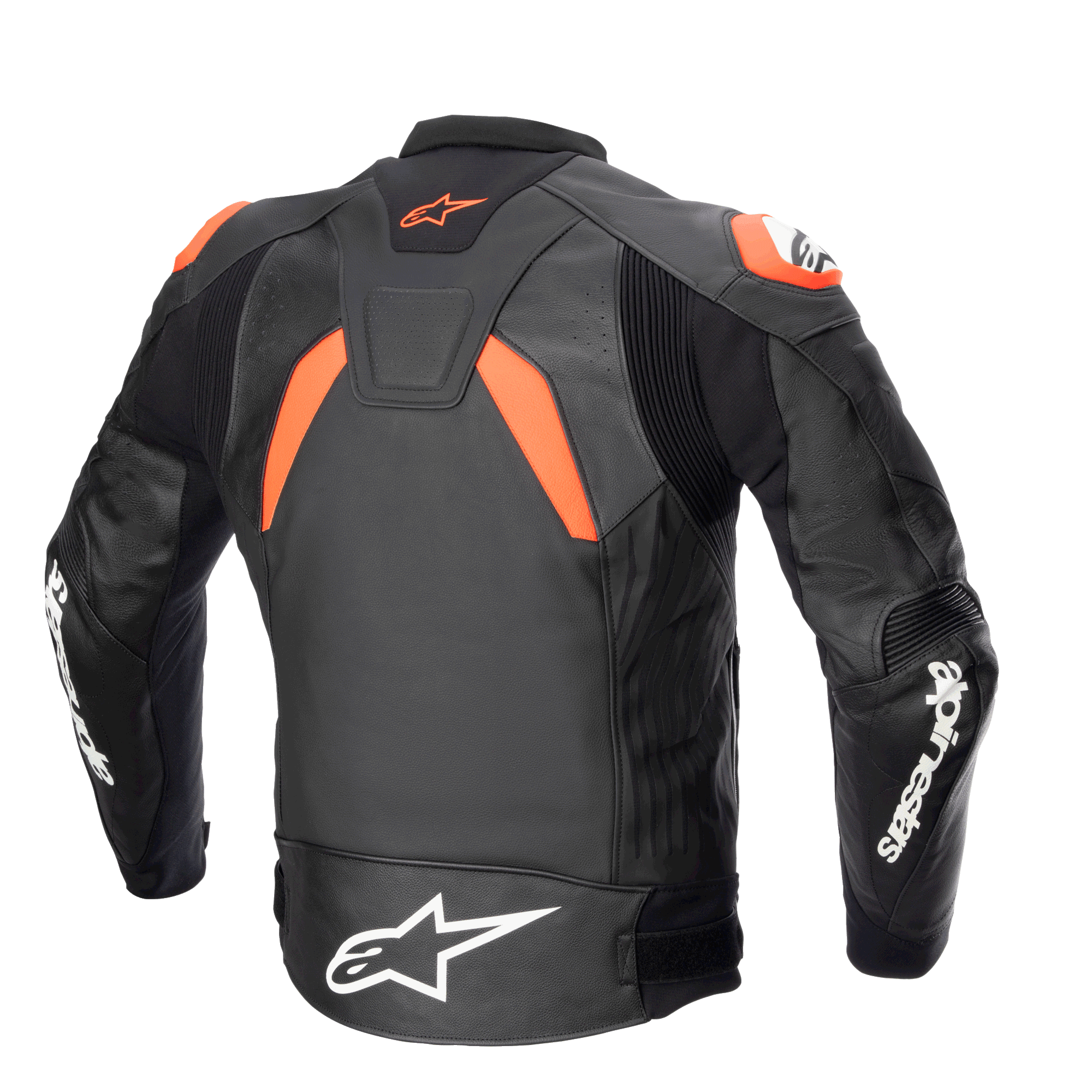 Alpinestars GP Plus V4 Leather Jacket, Black Red Fluo and White, back view showing performance stretch panels and shoulder sliders, bold white Alpinestars logos on sleeves and waist, race-inspired sport silhouette