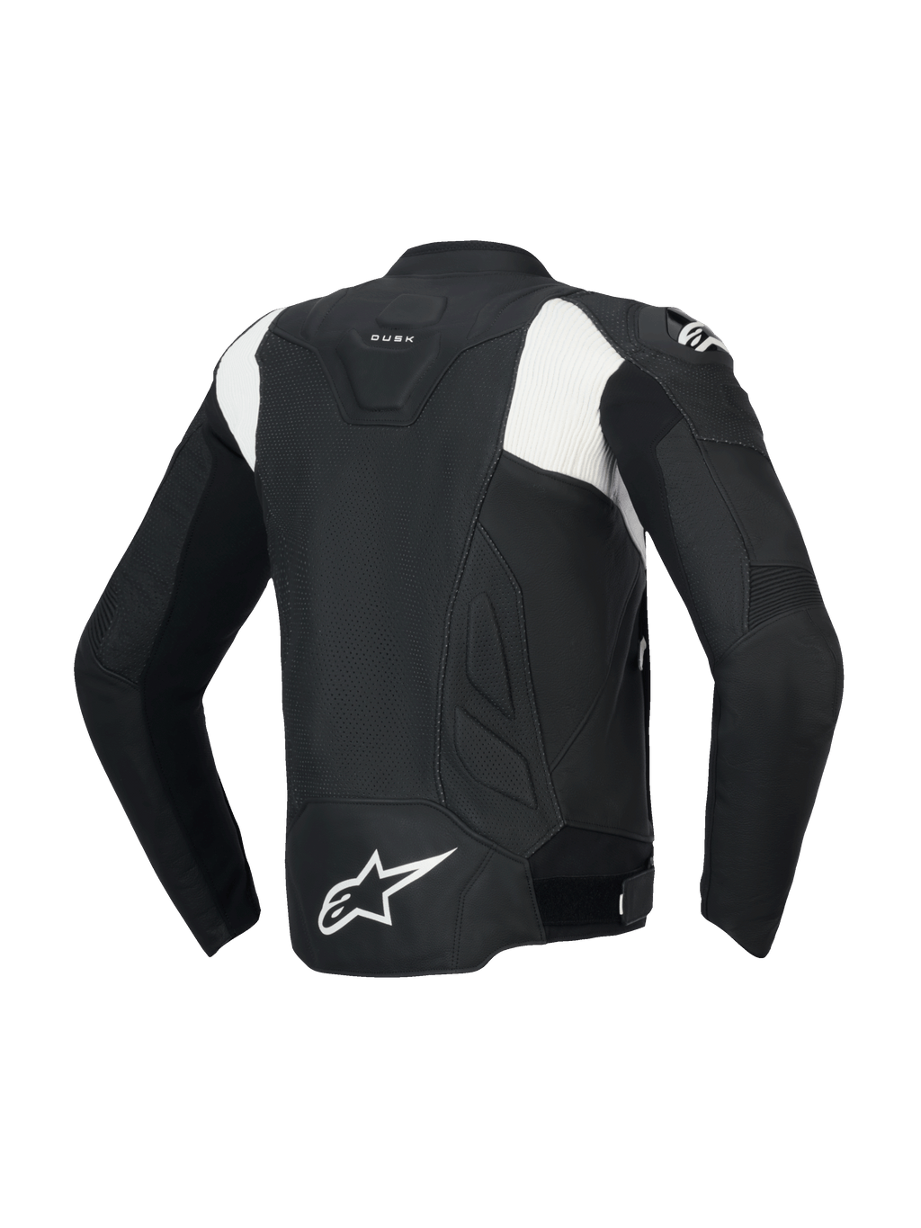 Alpinestars Dusk Airflow Læder Jakke, perforeret motorcykeljakke til herrer, set bagfra, sort og hvid, bovin læderkonstruktion med CE-certificering