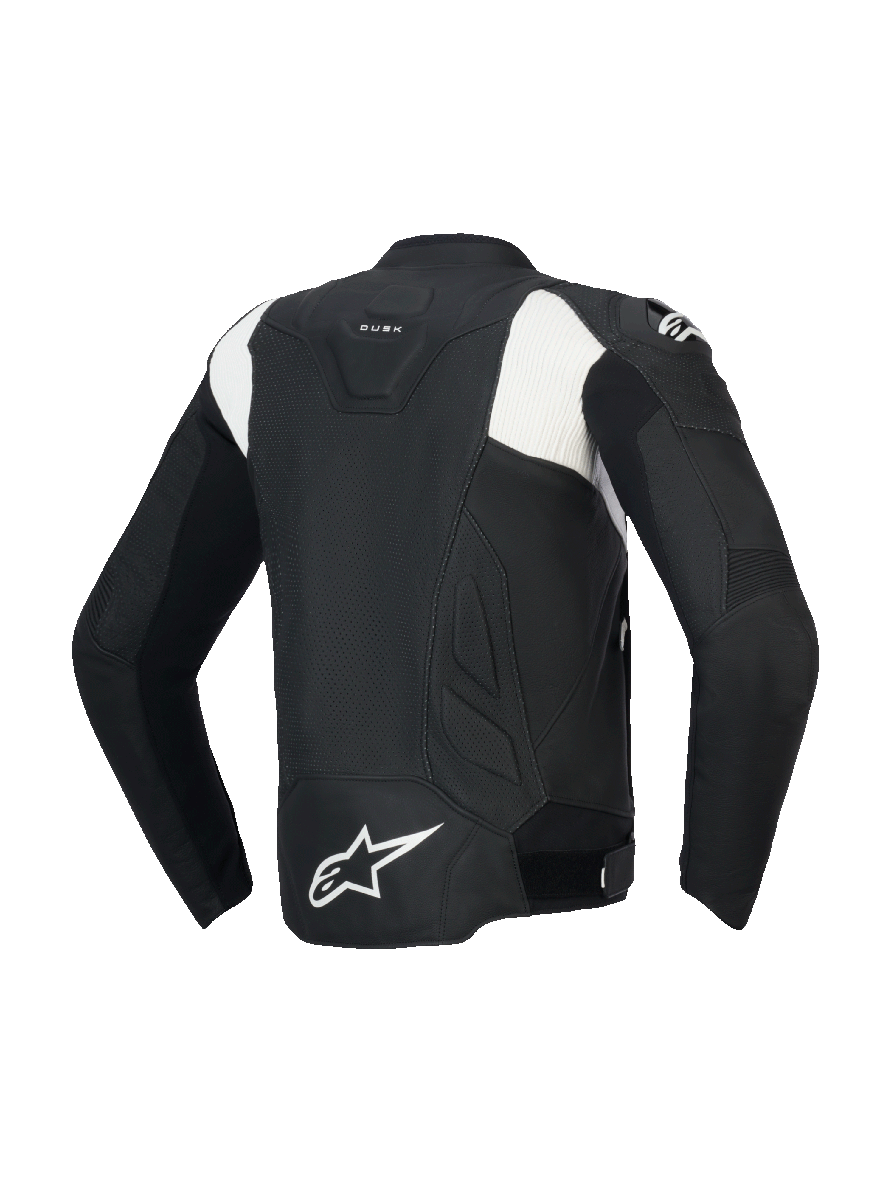 Alpinestars Dusk Airflow Læder Jakke, perforeret motorcykeljakke til herrer, set bagfra, sort og hvid, bovin læderkonstruktion med CE-certificering