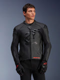 Alpinestars GP Plus R V4 Airflow Leather Jacket, Black, Motorcycle Racing Jacket with perforated leather construction, featuring prominent ASTARS chest branding and DFS shoulder protection, worn with black and red gloves