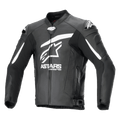Alpinestars GP Plus R V4 Airflow Leather Jacket, Black and White, front view showing large white Astars logo and text on the chest, perforated leather panels for airflow, DFS shoulder sliders, zippered pockets, and adjustable waist straps, premium leather motorcycle racing gear