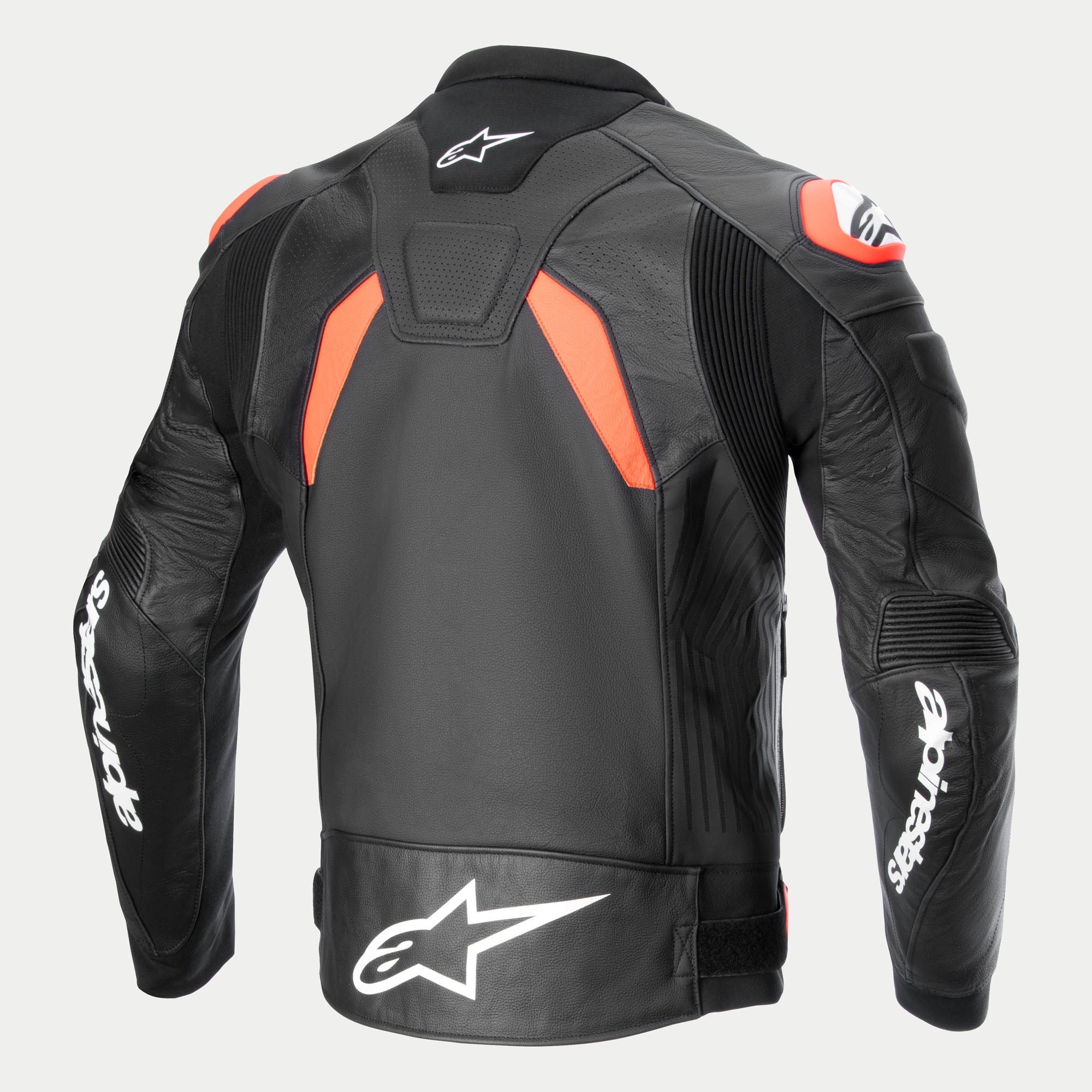 Alpinestars GP Plus R V4 Airflow læderjakke, herre-motorcykelracingjakke, set bagfra i sort med røde og hvide detaljer, med perforerede paneler og race-grade læder
