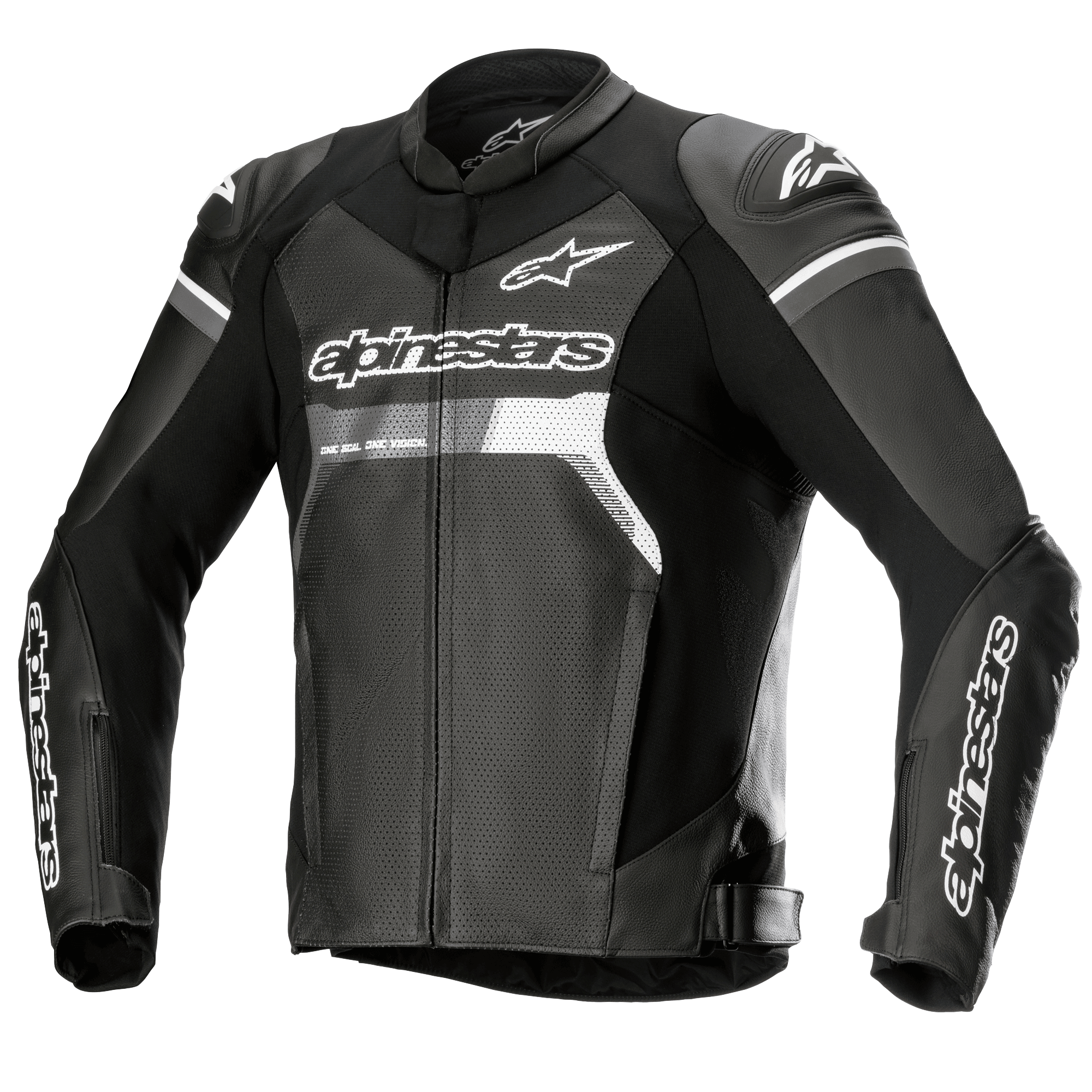 Alpinestars GP Force Airflow Leather Jacket, Black with white and grey accents, Motorcycle Racing Jacket, fully perforated leather chest and back for ventilation, external DFS Lite shoulder sliders, white Alpinestars logo branding on chest and sleeves, sporty road riding design