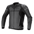 Alpinestars GP Force Airflow Leather Jacket, Motorcycle Racing Jacket, Black and Dark Gray, Perforated Panels for Ventilation, external DFS Lite shoulder sliders, bold branding on chest and sleeves, premium leather construction with adjustable waist straps
