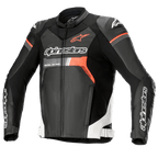 Alpinestars GP Force Airflow Leather Jacket, Black with White and Red Fluo accents, perforated leather motorcycle racing jacket, featuring DFS Lite shoulder protectors, Alpinestars branding on chest and sleeves, ventilated sport design