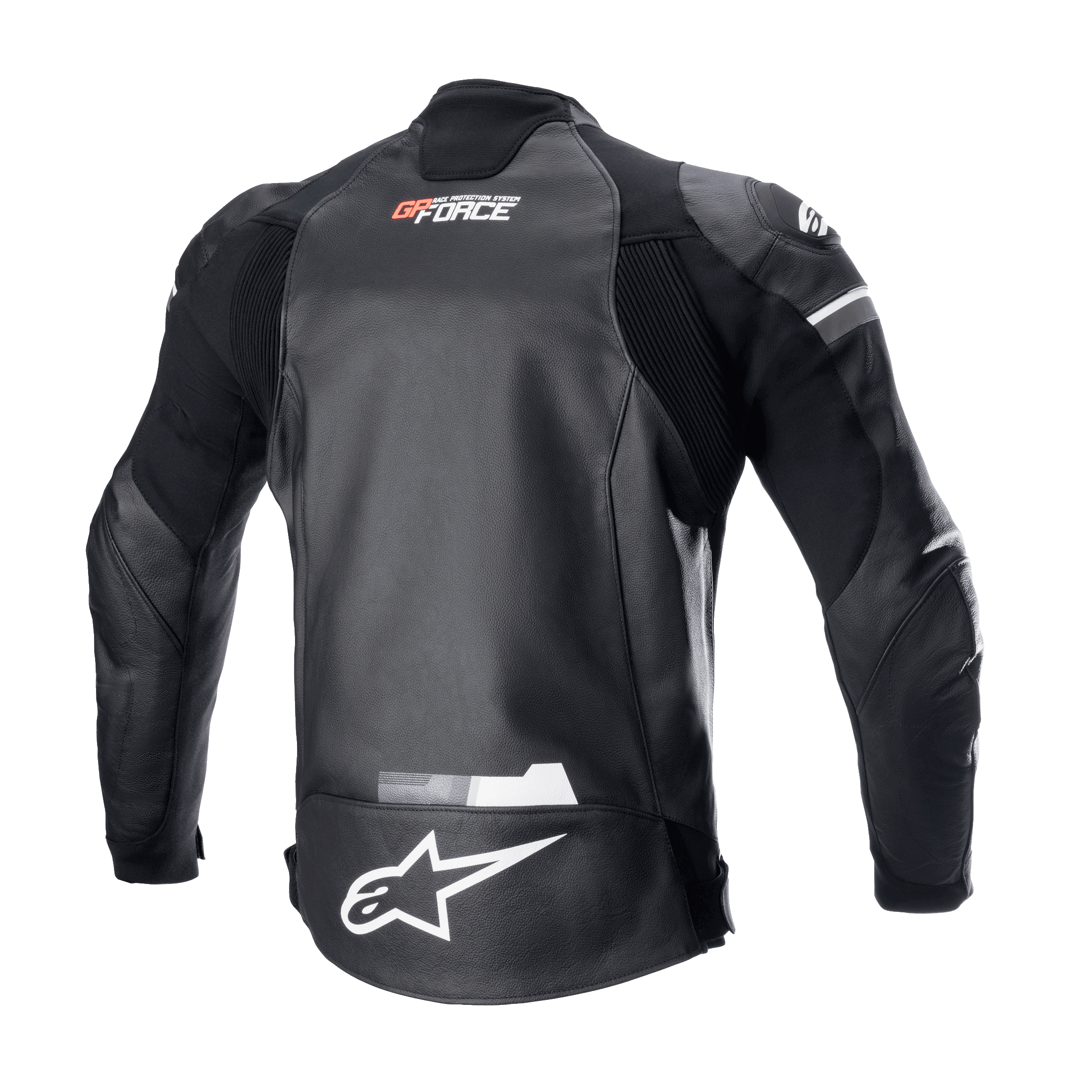 Alpinestars GP Force læderjakke, sort, set bagfra med hvidt Alpinestars-logo på den nederste del af ryggen og GP Force-branding på den øverste del af ryggen, harmonika-strækpaneler og holdbar konstruktion i bovint læder til landevejskørsel