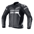 Alpinestars GP Force læderjakke, sort med hvide og grå accenter, motorcykelracingjakke, førsteklasses konstruktion i bovint læder, tydelig Alpinestars-branding på bryst og ærmer, DFS Lite-skulderbeskyttere, ergonomisk sportspasform til landevejskørsel