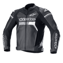 Alpinestars GP Force Leather Jacket, Black with white and grey accents, Motorcycle Racing Jacket, Premium bovine leather construction, bold Alpinestars branding on chest and sleeves, DFS Lite shoulder sliders, ergonomic sport fit for road riding.