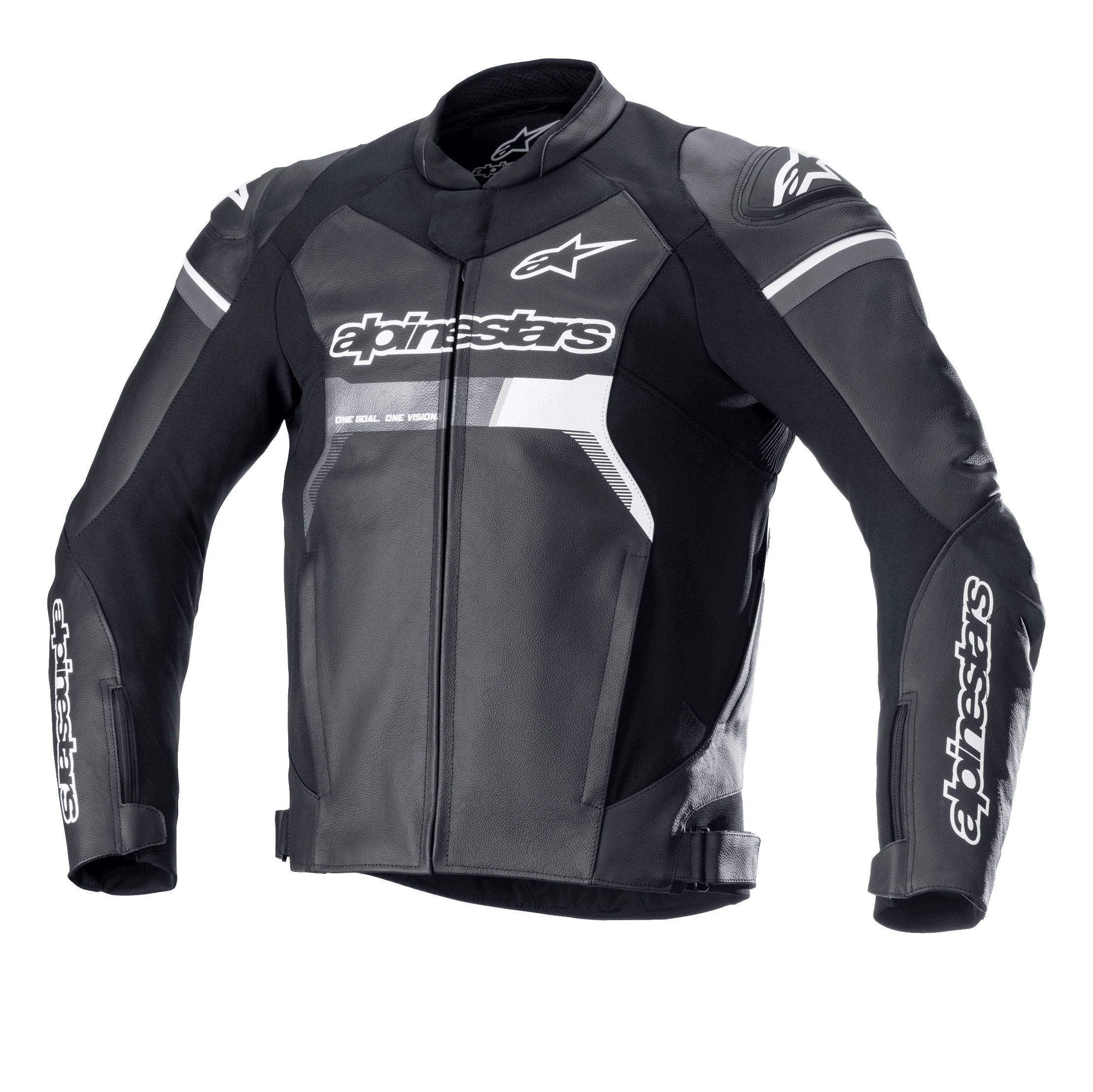 Alpinestars GP Force læderjakke, sort med hvide og grå accenter, motorcykelracingjakke, førsteklasses konstruktion i bovint læder, tydelig Alpinestars-branding på bryst og ærmer, DFS Lite-skulderbeskyttere, ergonomisk sportspasform til landevejskørsel