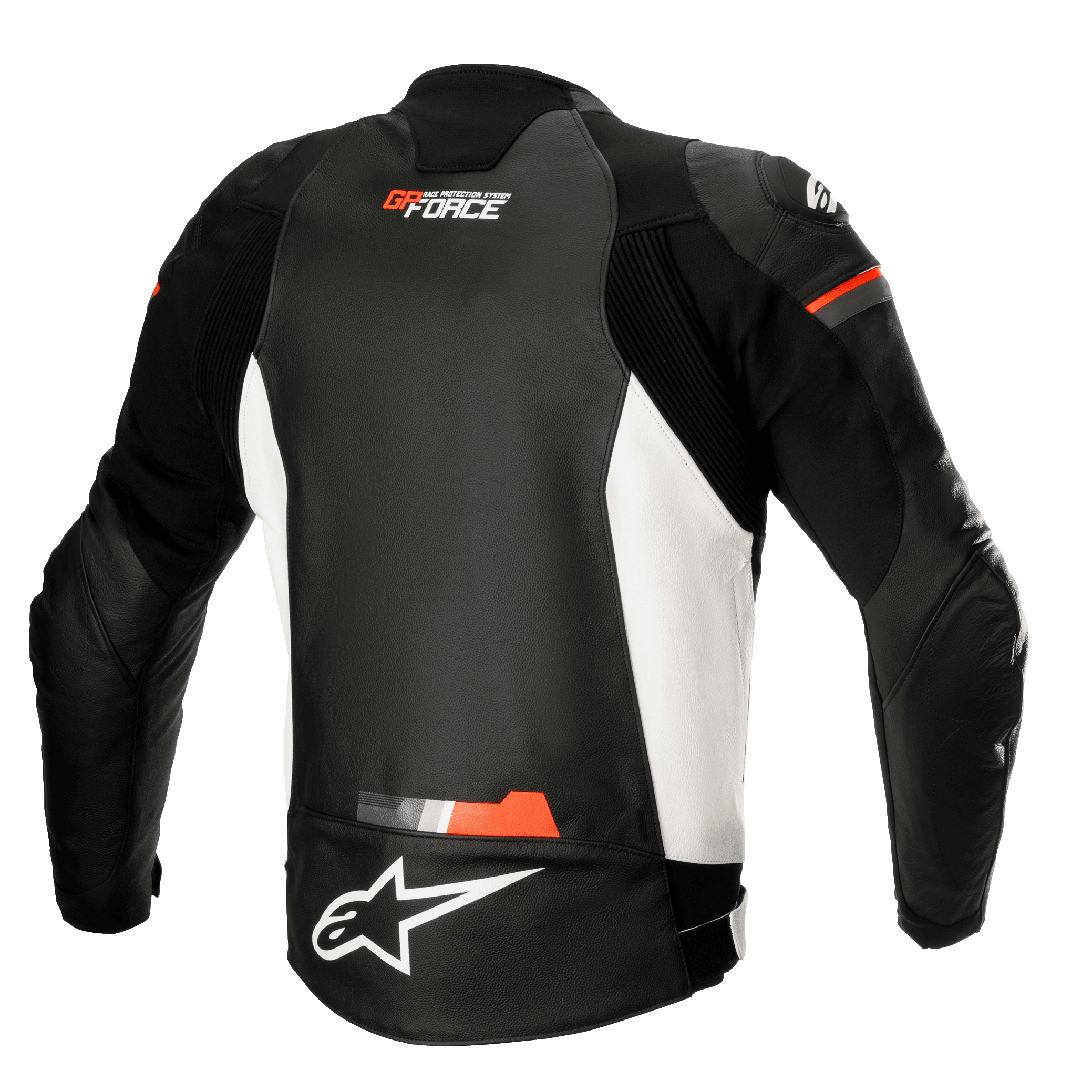 Alpinestars GP Force læderjakke, motorcykel læderjakke, sort, hvid og rød fluo, set bagfra med hvide sidepaneler og fluoriserende røde detaljer, GP Force og Alpinestars logo, sporty læderdesign med accordion-strækpaneler