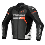 Alpinestars GP Force læderjakke, motorcykelracingjakke, sort med hvide og røde fluo-detaljer, fremtrædende Alpinestars-branding på bryst og ærmer, førsteklasses konstruktion i okselæder med DFS Lite-skulderbeskyttere, slank aerodynamisk silhuet
