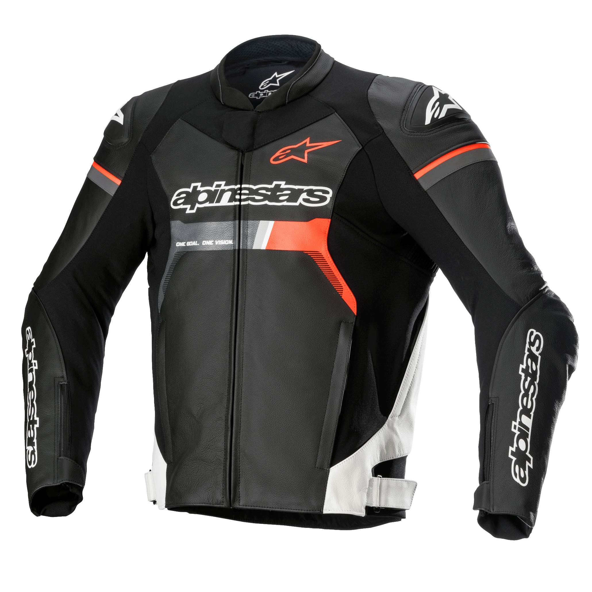 Alpinestars GP Force læderjakke, motorcykelracingjakke, sort med hvide og røde fluo-detaljer, fremtrædende Alpinestars-branding på bryst og ærmer, førsteklasses konstruktion i okselæder med DFS Lite-skulderbeskyttere, slank aerodynamisk silhuet