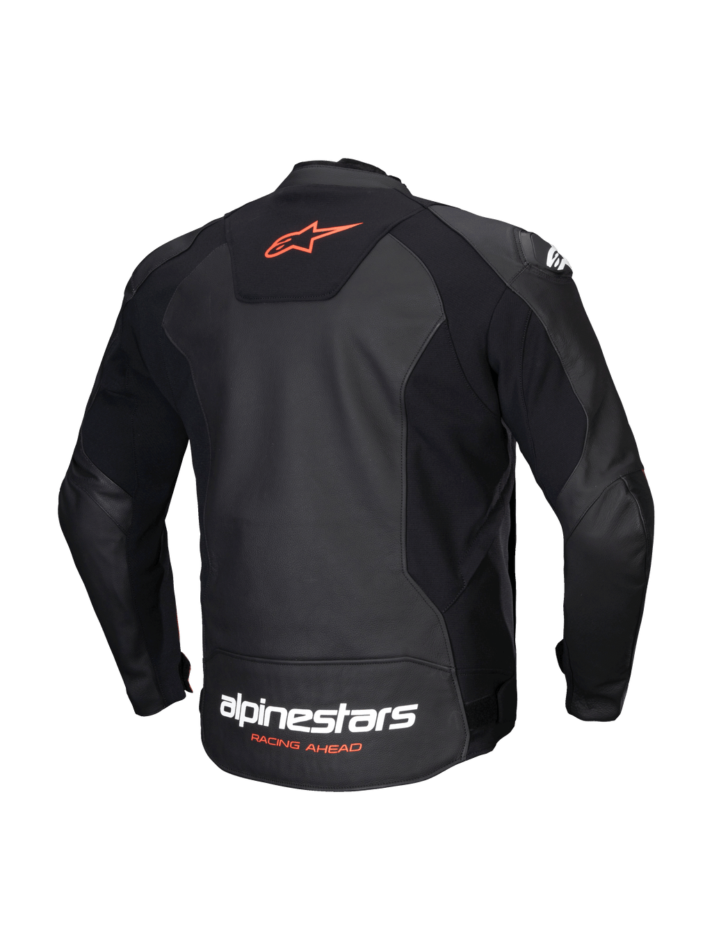 Alpinestars Faster V3 Læder Jakke, herre-motorcykeljakke, set bagfra i sort og rød, med premium læder, HRSF-strækpaneler og CE-certificering