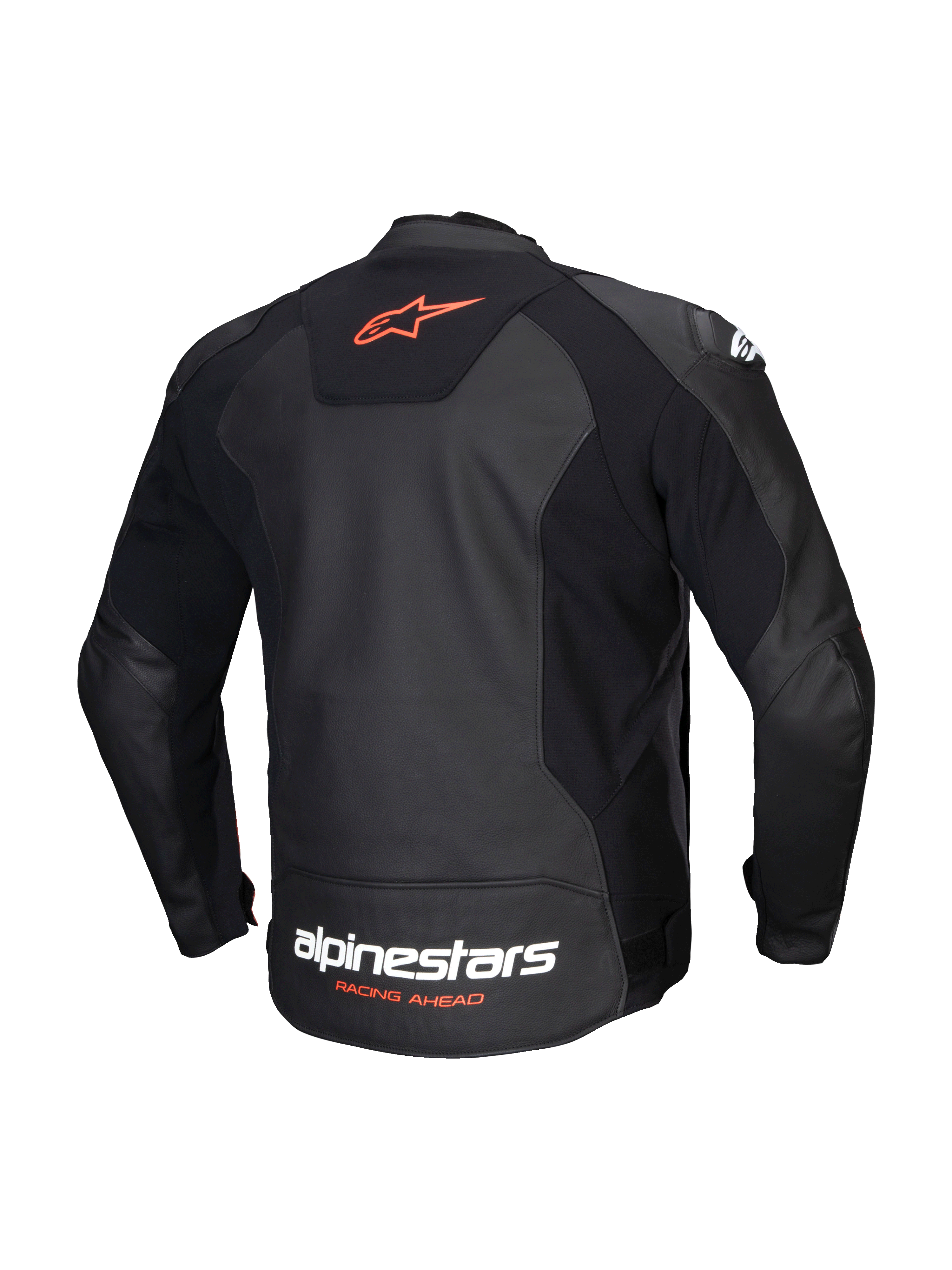 Alpinestars Faster V3 Læder Jakke, herre-motorcykeljakke, set bagfra i sort og rød, med premium læder, HRSF-strækpaneler og CE-certificering