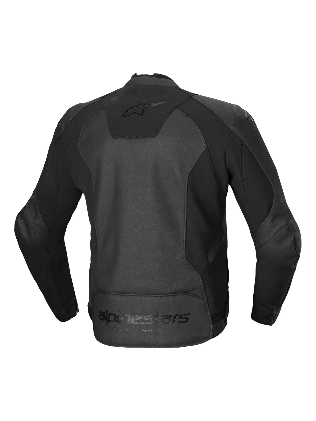 Alpinestars Faster V3 læderjakke, herre-motorcykeljakke, set bagfra i sort, CE-certificeret AA-klasse med avancerede HRSF stretchpaneler og ergonomisk design