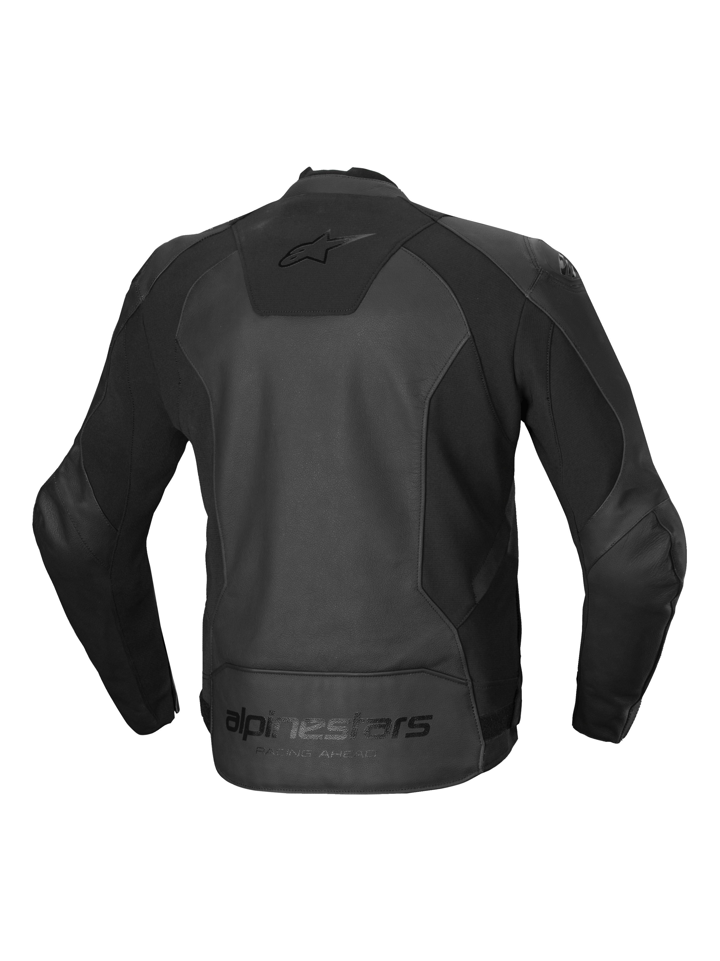 Alpinestars Faster V3 læderjakke, herre-motorcykeljakke, set bagfra i sort, CE-certificeret AA-klasse med avancerede HRSF stretchpaneler og ergonomisk design