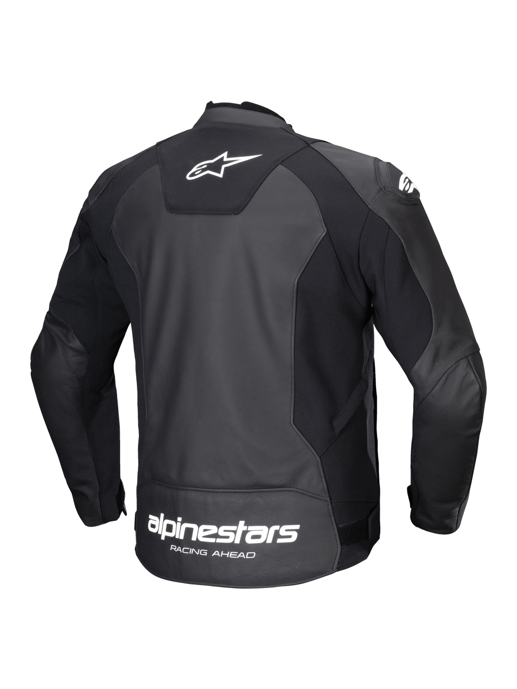 Alpinestars Faster V3 Læder Jakke, herre-motorcykeljakke set bagfra, sort og hvid, i slidstærkt læder med strækpaneler og mærkelogo på ryggen