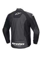 Alpinestars Faster V3 Læder Jakke, herre-motorcykeljakke set bagfra, sort og hvid, i slidstærkt læder med strækpaneler og mærkelogo på ryggen