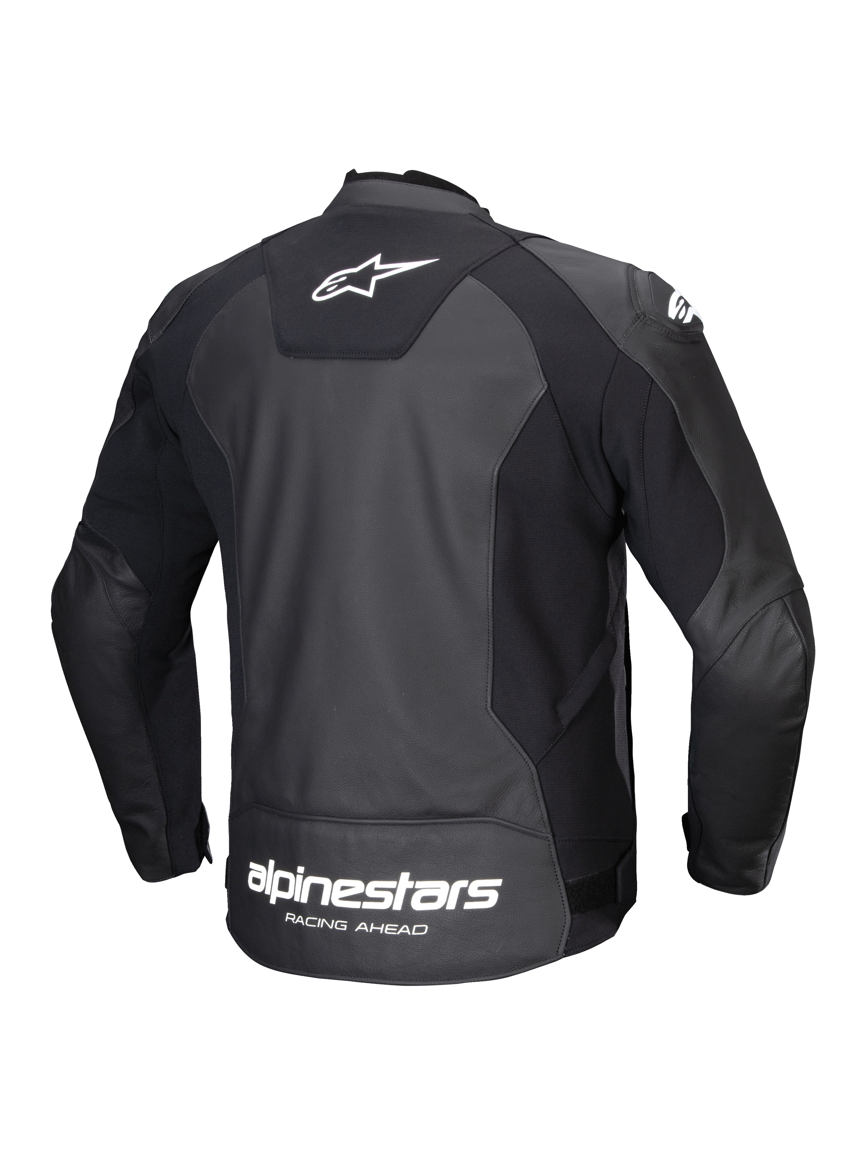 Alpinestars Faster V3 Læder Jakke, herre-motorcykeljakke set bagfra, sort og hvid, i slidstærkt læder med strækpaneler og mærkelogo på ryggen