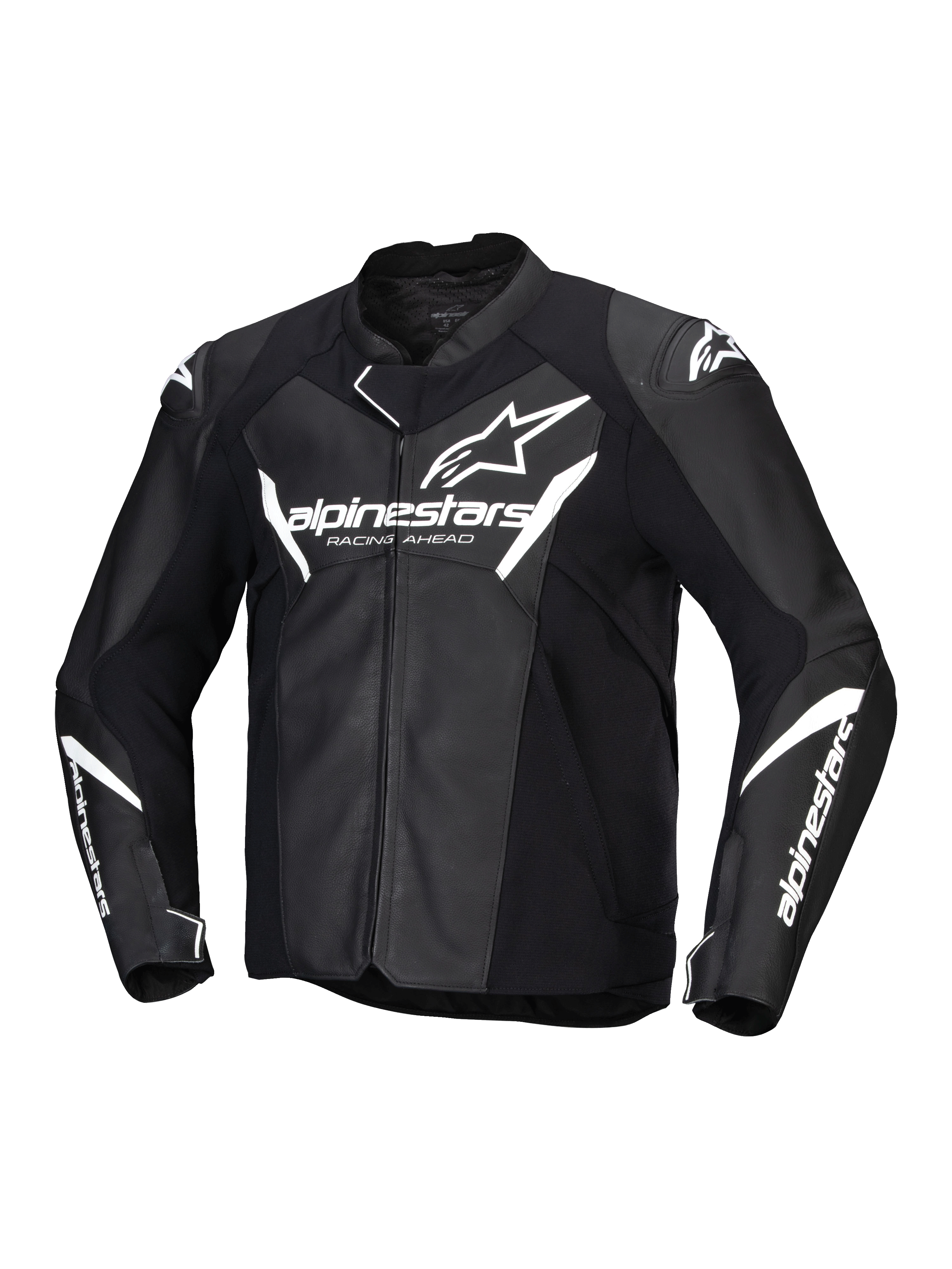 Alpinestars Faster V3 Læder Jakke, herre-motorcykeljakke i sort og hvid, CE-certificeret AA med læderkonstruktion og strækpaneler