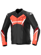 Alpinestars Faster V3 Airflow Læderjakke, herre-motorcykeljakke, sort og rød fluo, perforeret læderkonstruktion, CE-certificeret klasse A