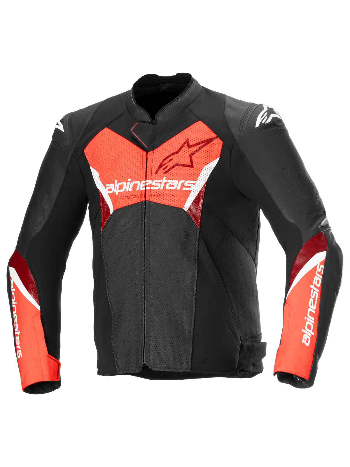 Alpinestars Faster V3 Airflow Læderjakke, herre-motorcykeljakke, sort og rød fluo, perforeret læderkonstruktion, CE-certificeret klasse A