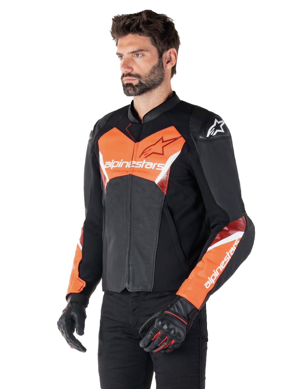 Alpinestars Faster V3 Airflow læderjakke, sportsmotorcykeljakke, sort og rød fluo, med perforeret læder til ventilation, HRSF-strækpaneler og DFS GP Lite-skulderbeskyttere, slank racer-inspireret silhuet.