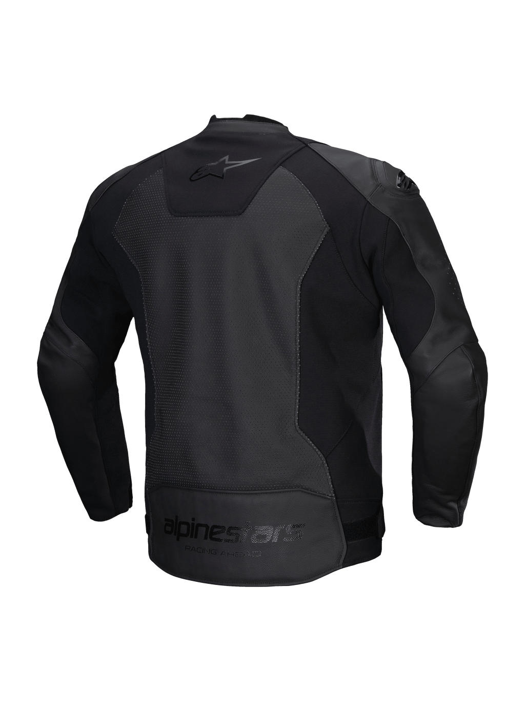Alpinestars Faster V3 Airflow Læderjakke, herre-motorcykeljakke, sort, CE-certificeret med perforeret læder og strækpaneler, set bagfra med strækindsatser og branding