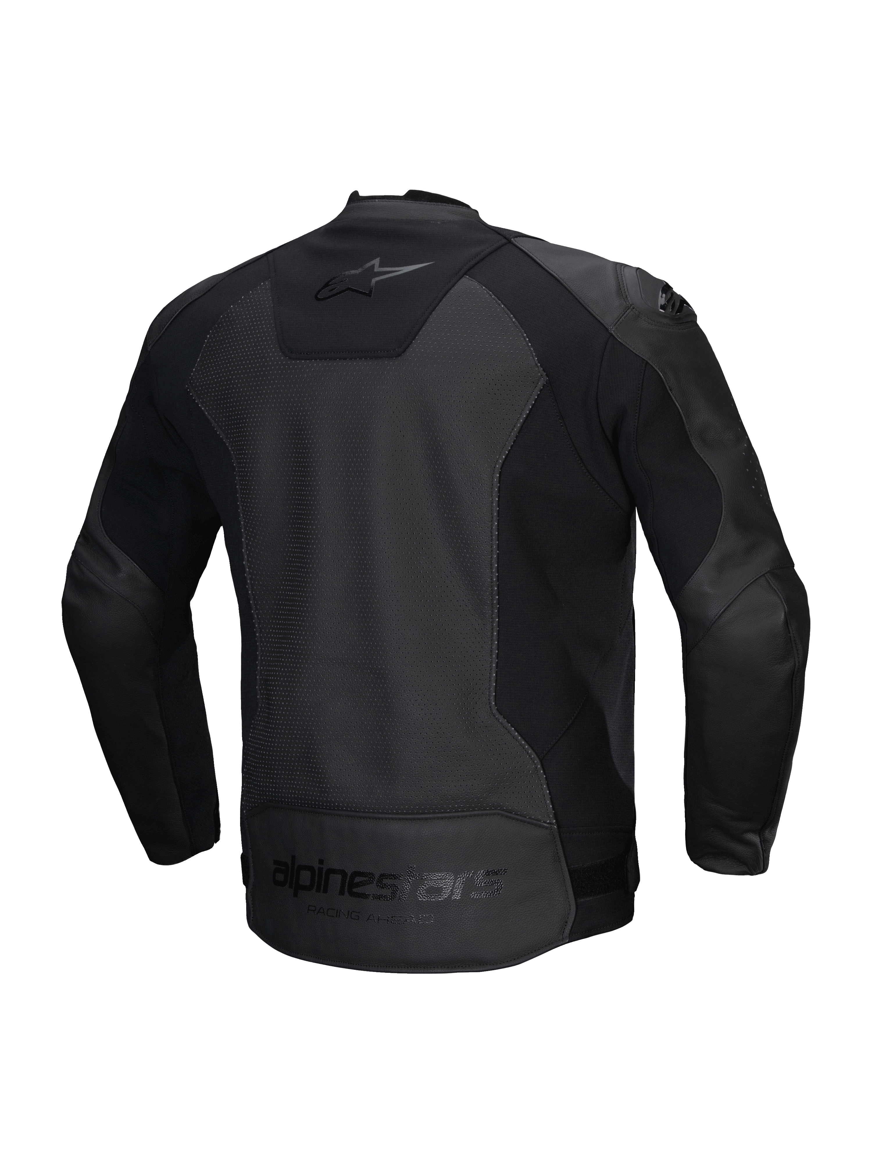 Alpinestars Faster V3 Airflow Læderjakke, herre-motorcykeljakke, sort, CE-certificeret med perforeret læder og strækpaneler, set bagfra med strækindsatser og branding