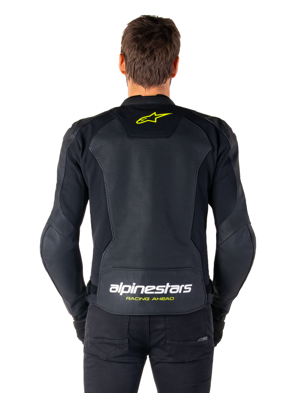Alpinestars Faster V3 Airflow læderjakke, sport motorcykeljakke, sort med fluoriserende gule detaljer, set bagfra med store perforerede læderpaneler, gult stjernelogo øverst på ryggen og markant branding nederst.