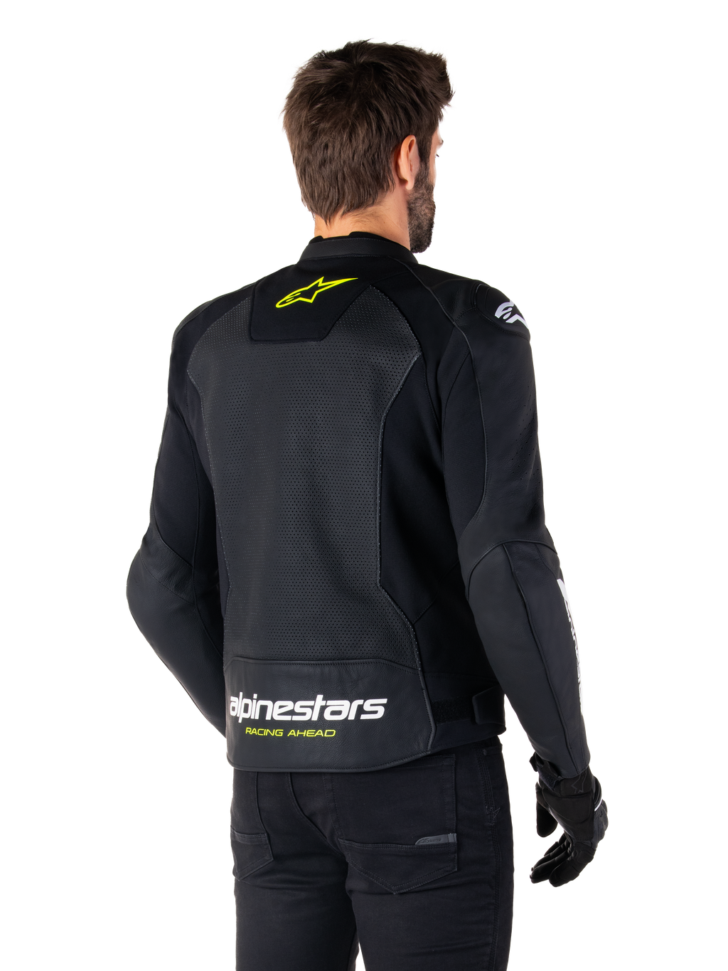 Alpinestars Faster V3 Airflow læderjakke, sort, hvid og gul fluo, set bagfra, med et stort perforeret læderrygpanel til ventilation, gult stjernelogo på kraven og hvidt Alpinestars-logo med gul 'Racing Ahead'-tekst på den nederste kant, sport motorcykelkøreudstyr