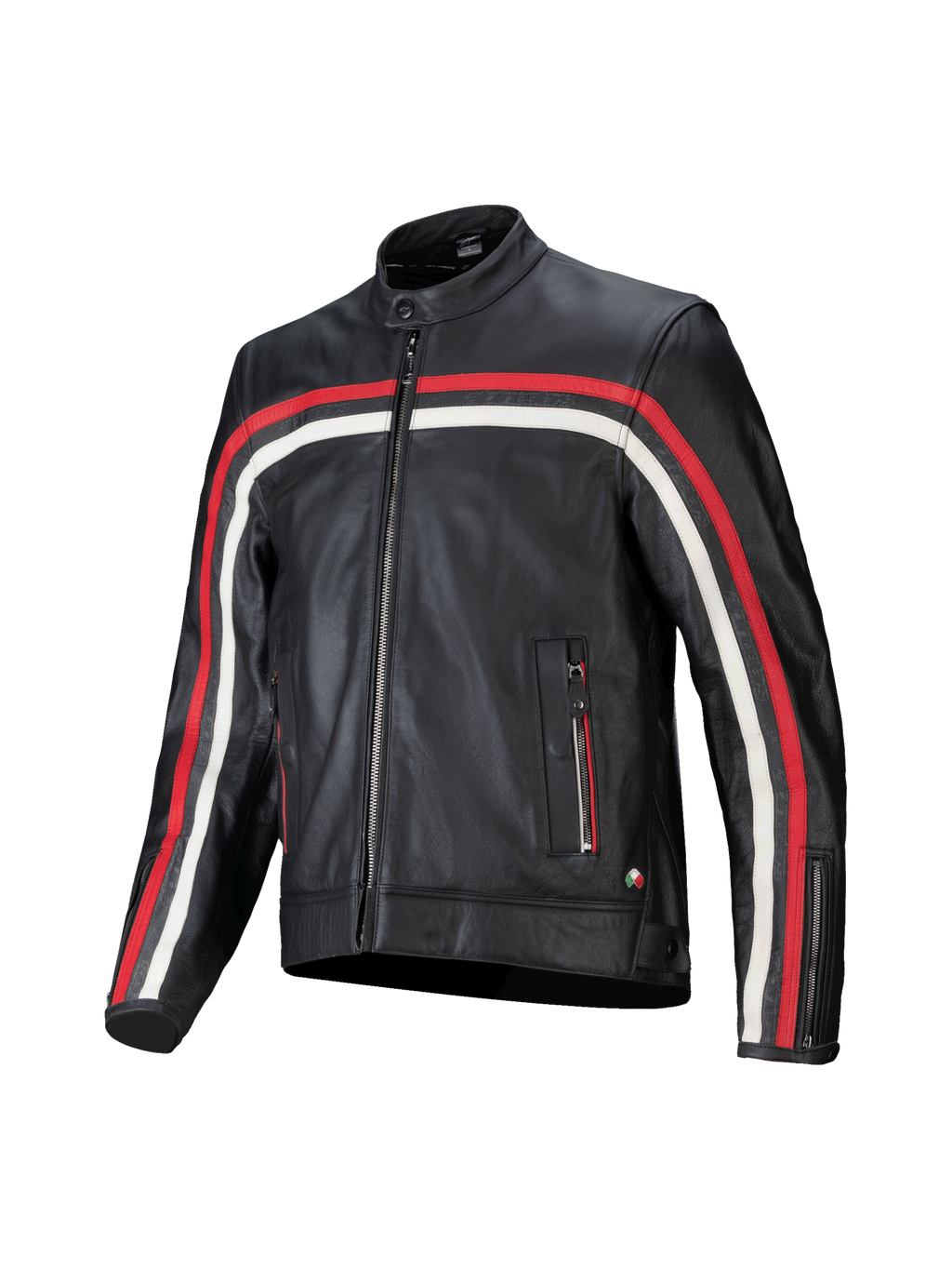 Alpinestars Dyno Leather Jacket, black bovine leather motorcycle jacket with red and ecru stripes, Tech-Air Ready.