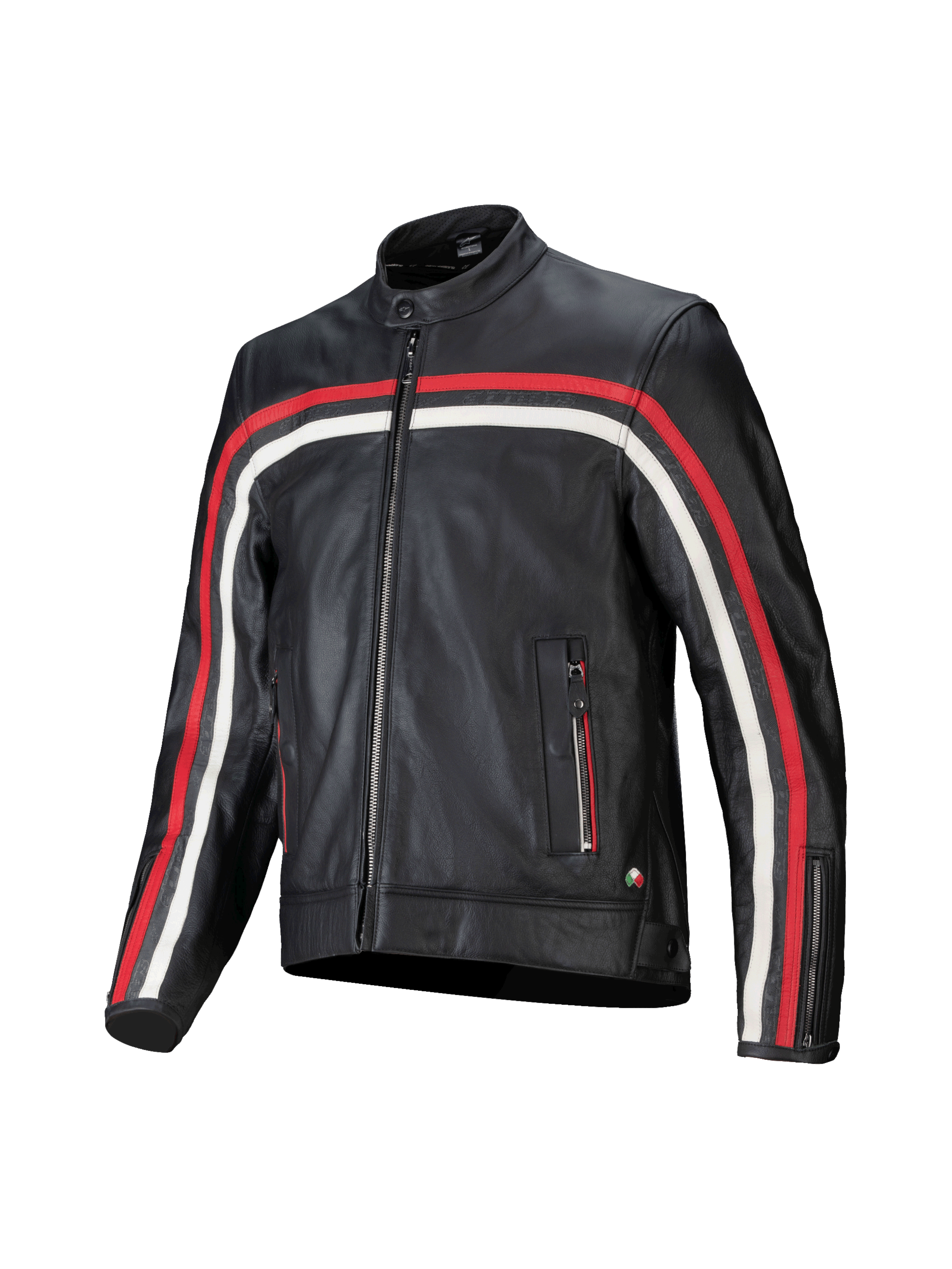 Alpinestars Dyno læderjakke, sort motorcykeljakke med røde og ecru striber, herre, bovint læder, Tech-Air® Ready.