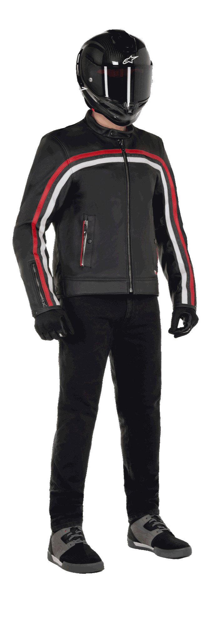 Alpinestars Dyno Leather Jacket, Motorcycle Jacket, Black with Ruby Red and Ecru stripes, worn with a black carbon-fiber helmet and black pants, featuring a heritage-inspired design with premium leather and a regular fit