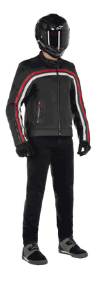 Alpinestars Dyno Leather Jacket, Motorcycle Jacket, Black with Ruby Red and Ecru stripes, worn with a black carbon-fiber helmet and black pants, featuring a heritage-inspired design with premium leather and a regular fit