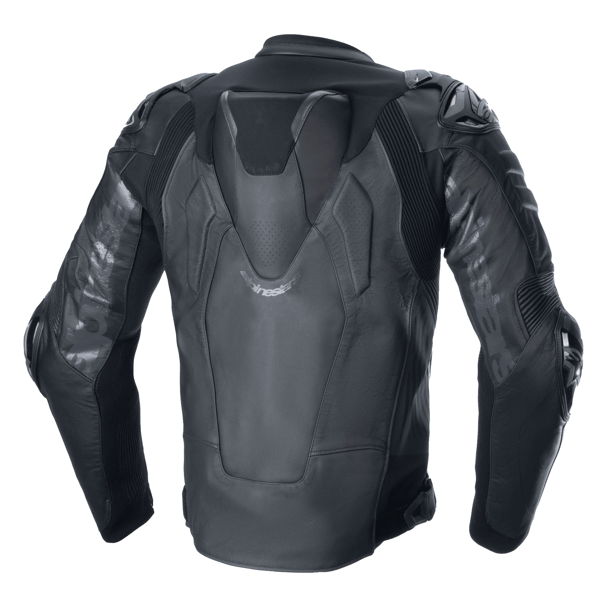Alpinestars Atem V5 Leather Jacket, Motorcycle Racing Jacket, Black, Rear view showing aerodynamic speed hump, DFS RR shoulder and elbow protectors, technical leather construction with stretch panels and Alpinestars branding on sleeves