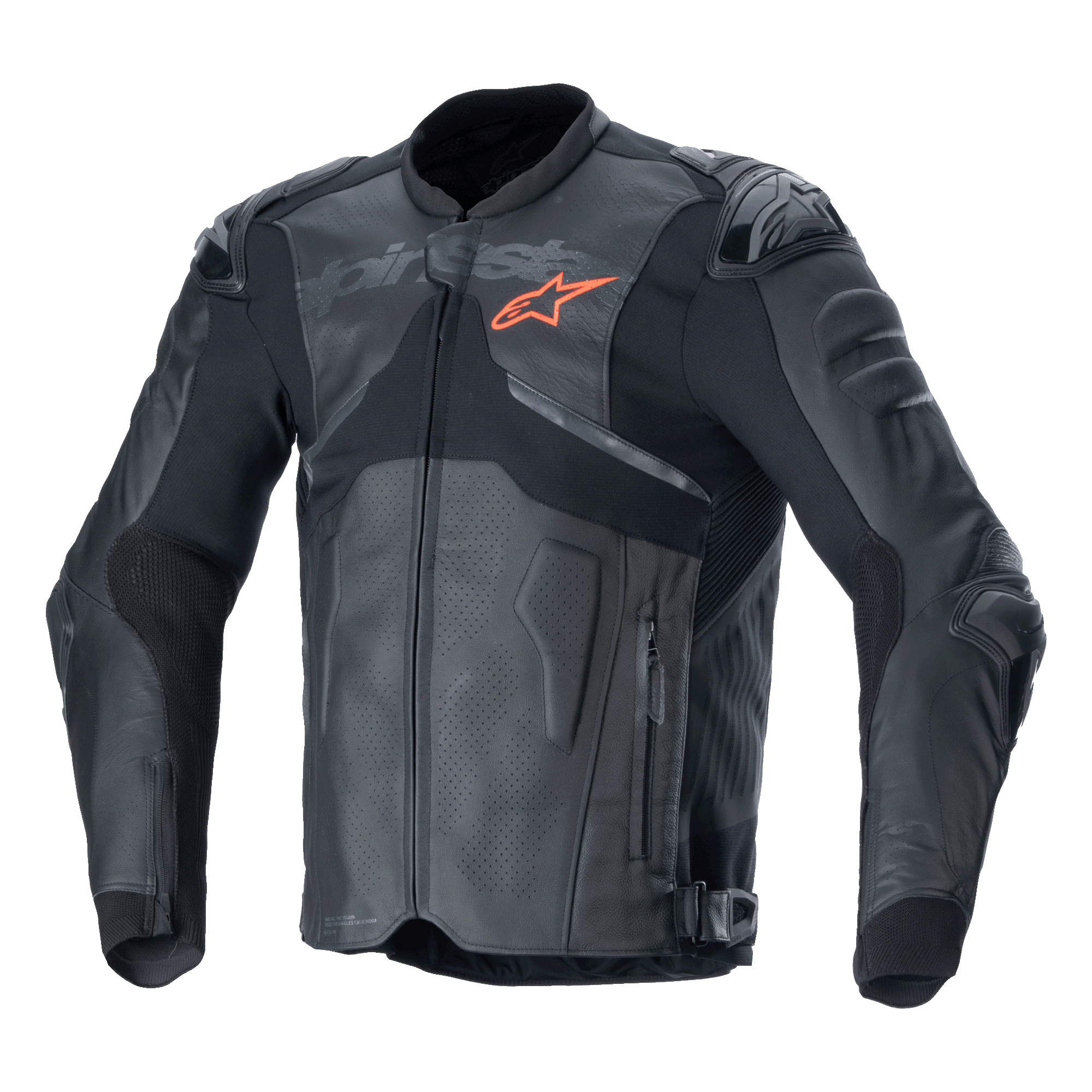Alpinestars Atem V5 Leather Jacket, Black and Dark Gray motorcycle racing jacket, orange star logo on chest, perforated leather panels for ventilation, hard shoulder and elbow protection, leather and textile construction with aerodynamic design for sport riding