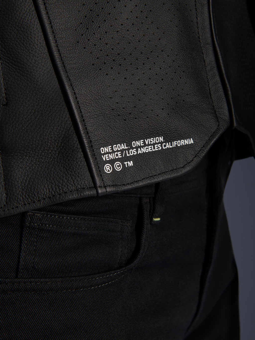 Nærbillede af Alpinestars Atem V5 læderjakken i sort, der viser det nederste rygpanel med 'ONE GOAL. ONE VISION. VENICE / LOS ANGELES CALIFORNIA' branding og perforeret lædertekstur.