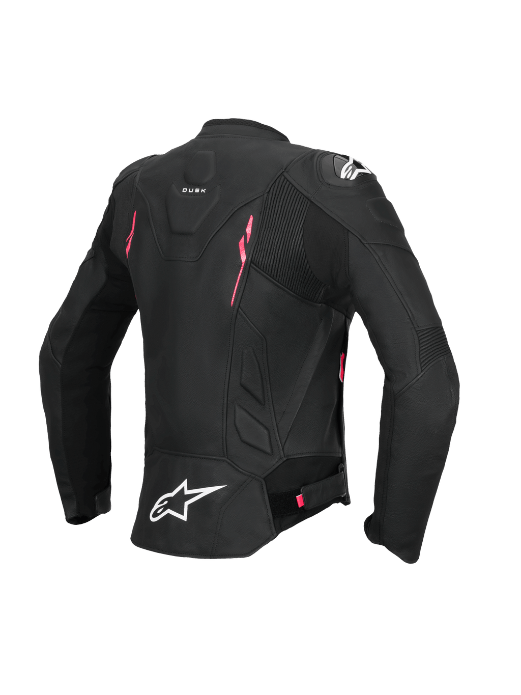Alpinestars Stella Dusk Læderjakke, damemotorcykeljakke set bagfra, sort med lyserøde og hvide detaljer, CE AA-certificeret læderkonstruktion, harmonikastrækpaneler og ekstern DFS-skulderbeskyttelse
