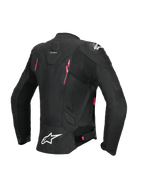 Alpinestars Stella Dusk Læderjakke, damemotorcykeljakke set bagfra, sort med lyserøde og hvide detaljer, CE AA-certificeret læderkonstruktion, harmonikastrækpaneler og ekstern DFS-skulderbeskyttelse